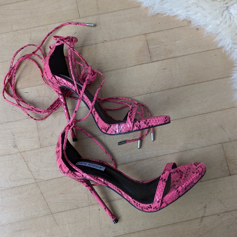 Cape Robbin Pink Snakeskin Print Tie Up Stilettos